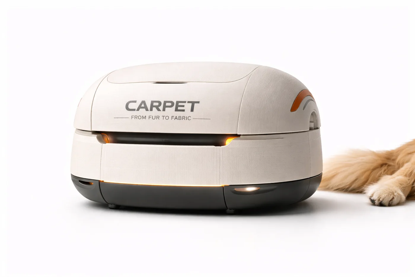 Концепт CarPet: светлый робот-пылесос с оранжевыми деталями рядом с лапой питомца